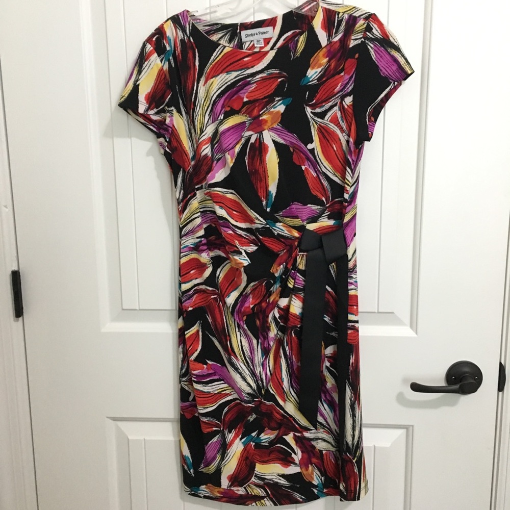 Multi floral lily knit side tie wiggle dress 8P red black purple